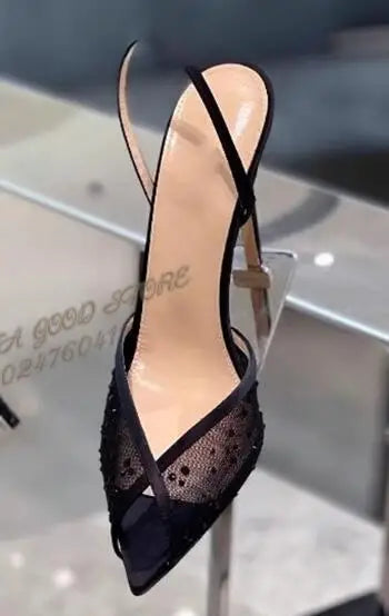ALMUDENA Lace Flowers Mesh Crystal Sandals Stiletto Heel Pointed Toe Bling Bling Rhinestone Slingback Wedding Shoes Floral Pumps