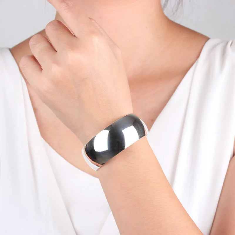 Simple Glossy Talisman 925 Silver Bracelet Women's Ethnic Style Fashion Wide Bracelet Open Stacked Jewelry