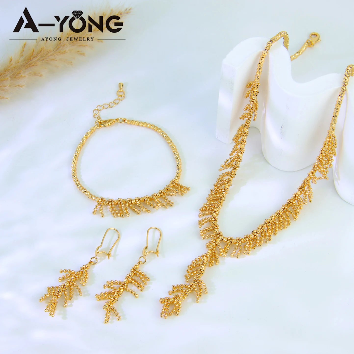 Gold Plated Tassel Wheat Necklace Set 21k Gold Color Saudi Chic Bohemian Choker Italian Women Wedding Party Jewelry