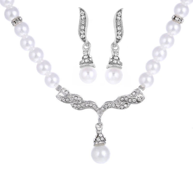 Elegant Necklace Earrings Women Fashion Jewelry Set Faux Pearl Bridal Wedding Alloy Party Studs Necklace Earrings Set