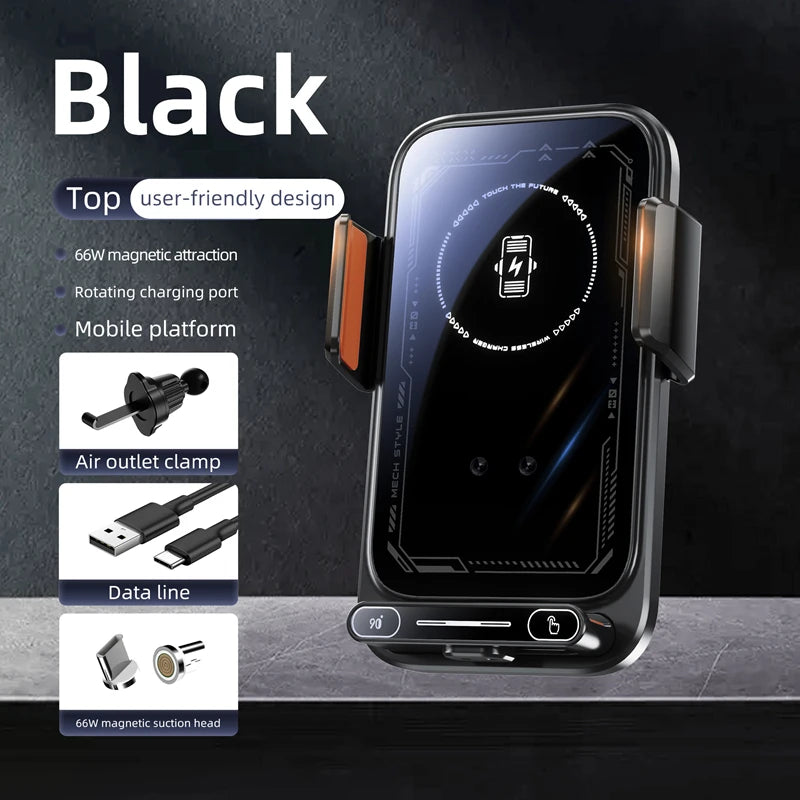 Car Phone Charger Phone Holder 66W Wireless & Wired Charger Auto Sensing One-Touch Release and Rotation Qi FCC ROHS Certified