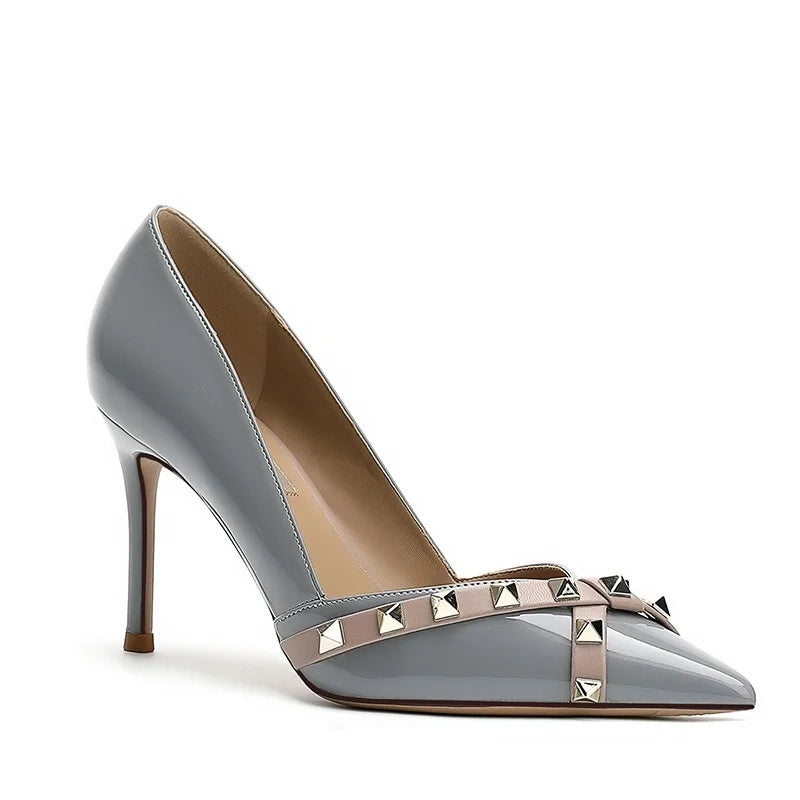 Metal Rivet Corss Tied High Heel Pumps Pointed Toe Thick Heel Matte Leather New Arrivals Fashion Women Modern Shoes