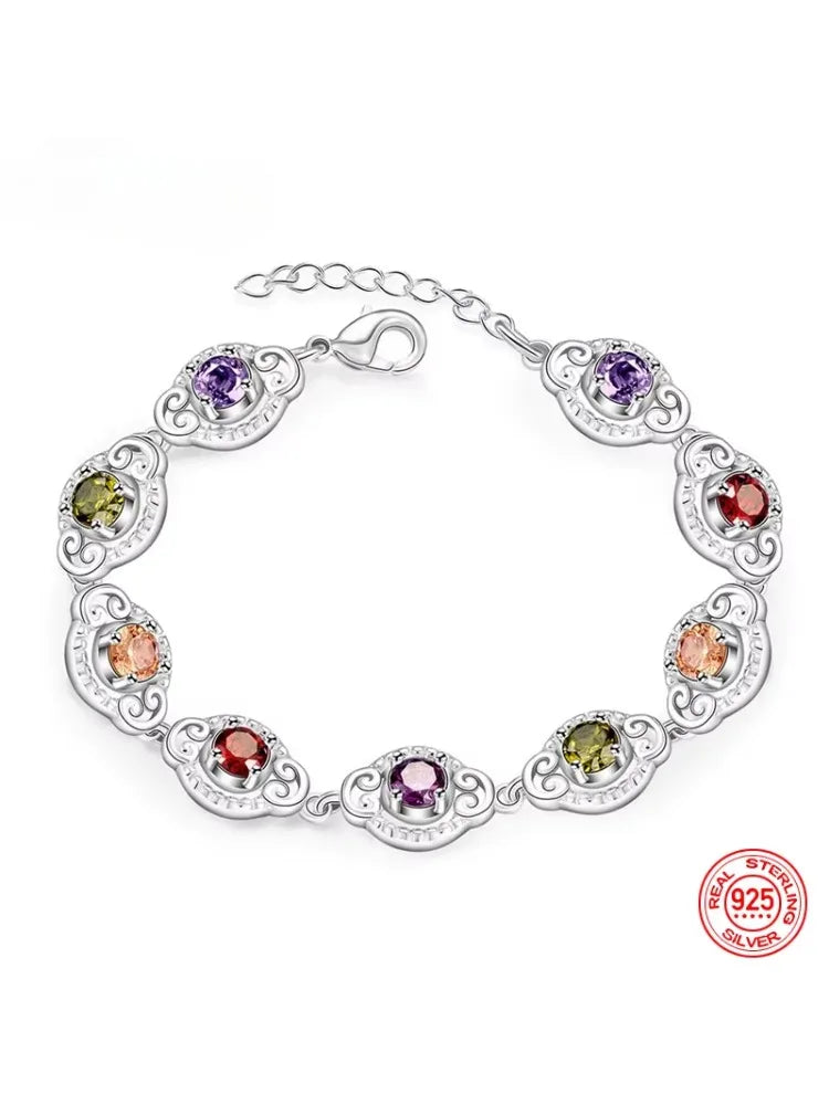 Fine 925 Sterling Silver Fashion Crystal Charm Bracelet Bangle For Women lady wedding party lover gift Jewelry Party Gifts