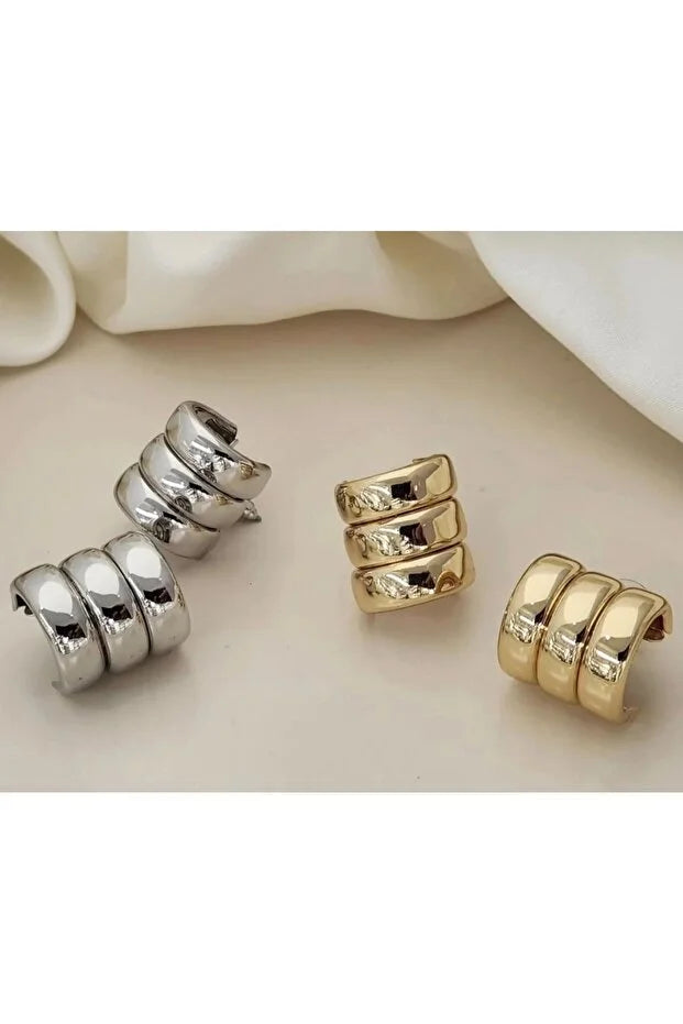 Premium Three Row Steel Rounded Earrings for Women Elegant Daily