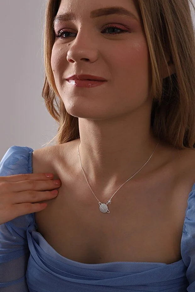 925 Sterling Silver Saturn Planet Necklace with White Zircon Stone