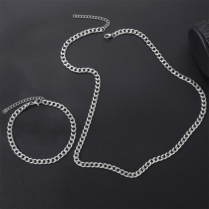 2pcs Street Hip Hop Stainless Steel Cuban Chain Necklace Bracelet Set for Men Chunky Chain Set Male Punk Jewelry
