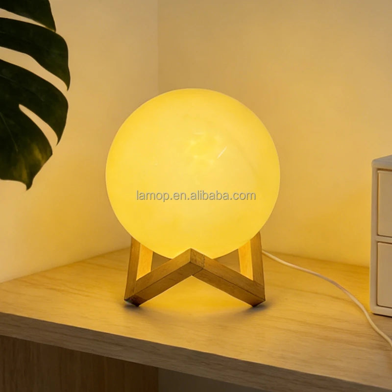 Modern Round Ball Soft Glow Wooden Stand Base Lamp Cute Kids Room Decor Light Cream Style Bedroom Desktop Ambient Lamp