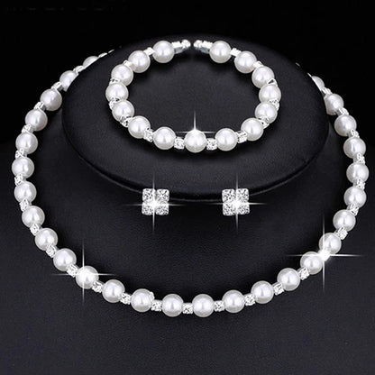 Wedding Bridal Jewelry Set String of Pearls Prom Silver Color Crystal Bracelet Necklace Earrings for Women jewellery sets