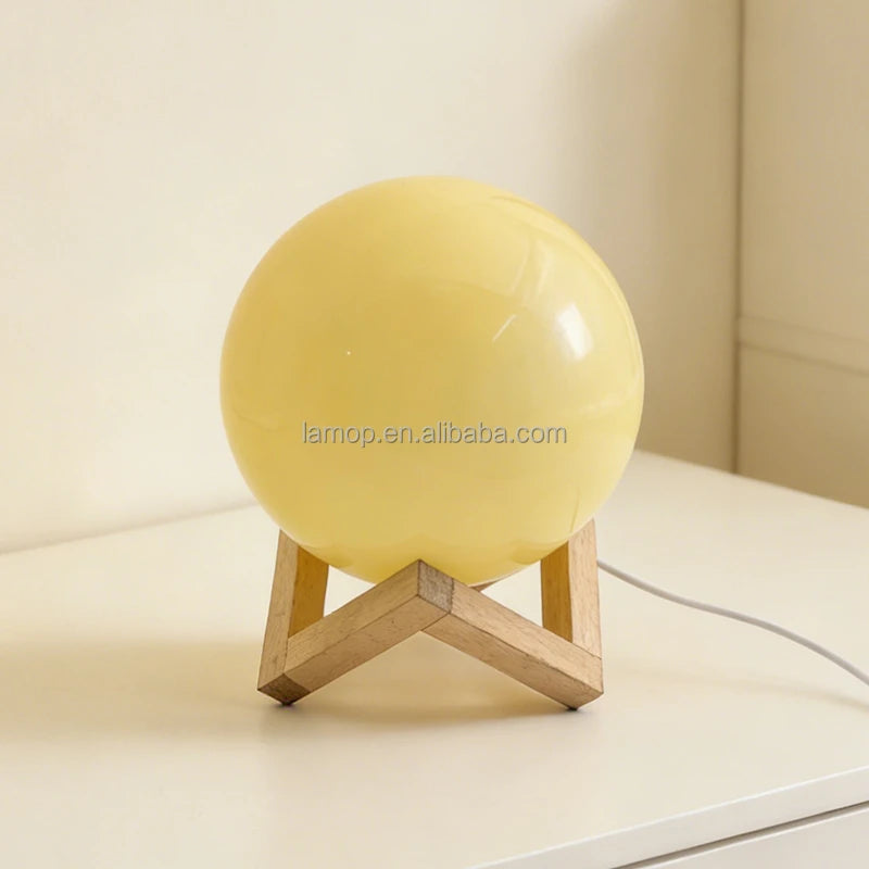 Modern Round Ball Soft Glow Wooden Stand Base Lamp Cute Kids Room Decor Light Cream Style Bedroom Desktop Ambient Lamp