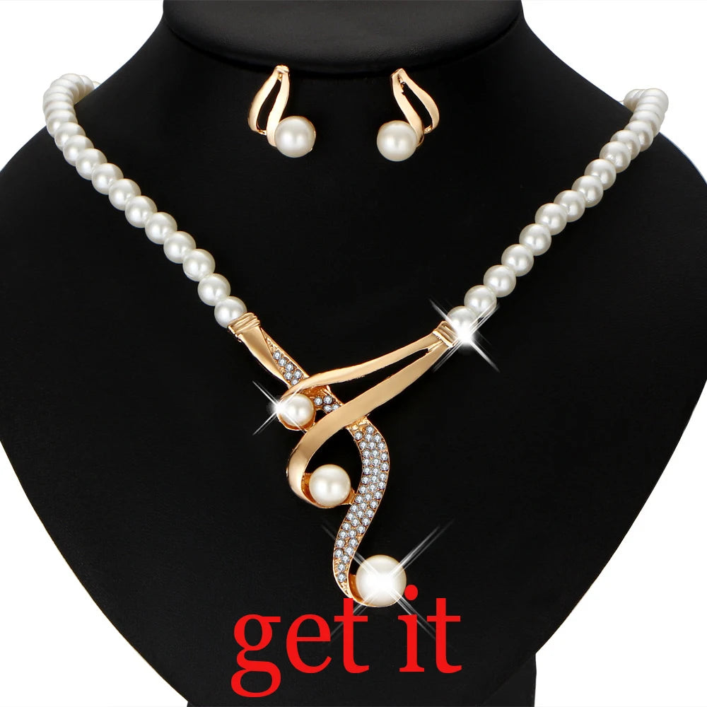 Wedding Bridal Jewelry Set String of Pearls Prom Silver Color Crystal Bracelet Necklace Earrings for Women jewellery sets