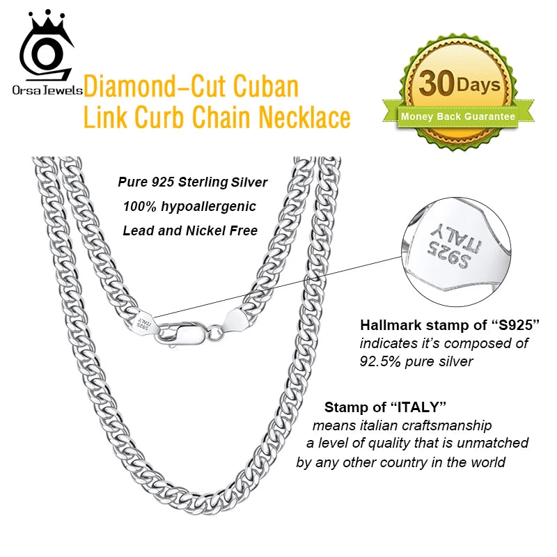 ORSA JEWELS 925 Sterling Silver Basic Punk Necklace for Men Women Curb Cuban Link Chain Chokers Vintage Punk Boy Male Gifts SC37