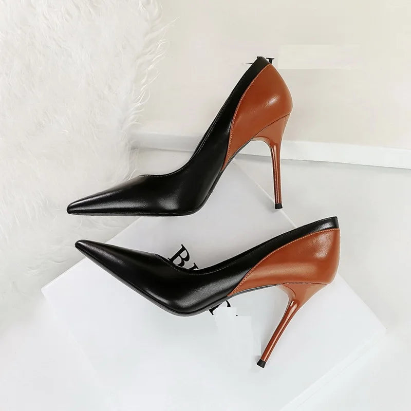 Elegant Vintage Shoes Party Beige Black 2024 Pointed Toe Sandals 10CM Stiletto High Heels for Ladies