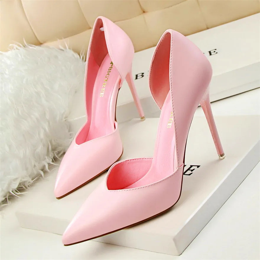 Soft PU Leather Show Thin Women Pumps Shallow Spring High Heels Pointed Toe Side Cut-Outs Ladies Party Shoes Office Fashion