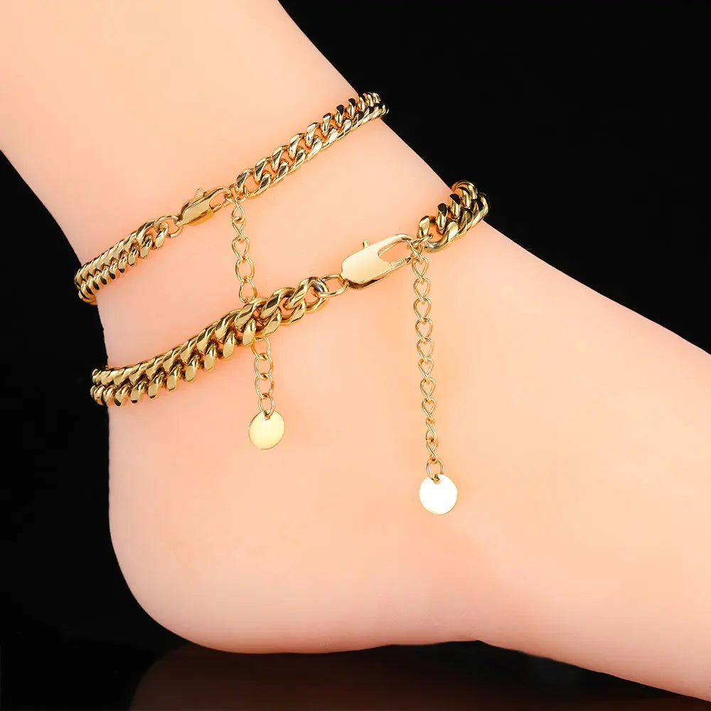 Hip Hop Gold Anklets Stainless Steel Cuban Link Chain 18K Gold Plated Anklets