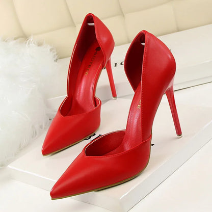 Soft PU Leather Show Thin Women Pumps Shallow Spring High Heels Pointed Toe Side Cut-Outs Ladies Party Shoes Office Fashion