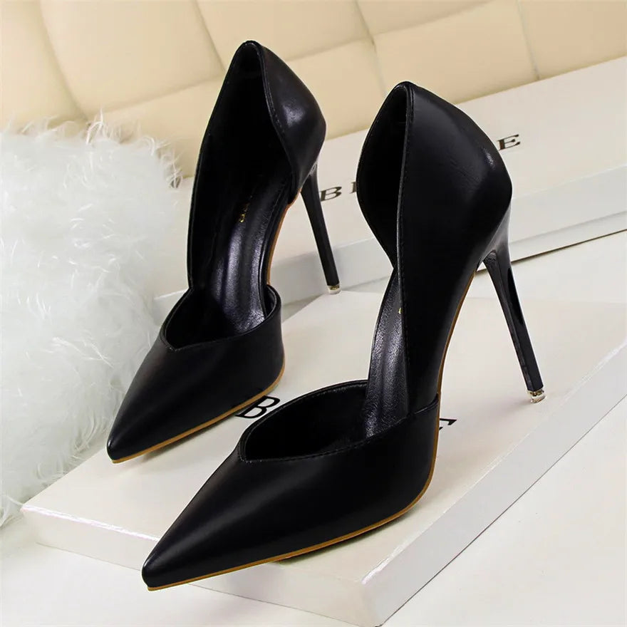 Soft PU Leather Show Thin Women Pumps Shallow Spring High Heels Pointed Toe Side Cut-Outs Ladies Party Shoes Office Fashion