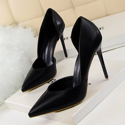 Soft PU Leather Show Thin Women Pumps Shallow Spring High Heels Pointed Toe Side Cut-Outs Ladies Party Shoes Office Fashion