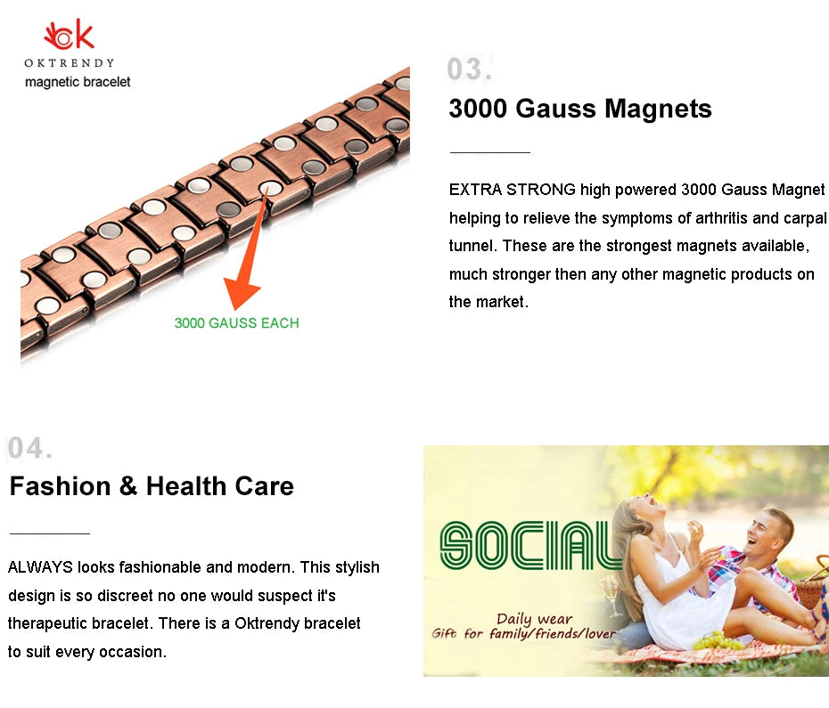 Copper Bracelet for Women for Arthritis and Joint Solid Metal Magnetic Therapy Bangle With Chain Link Health Energy Jewelry