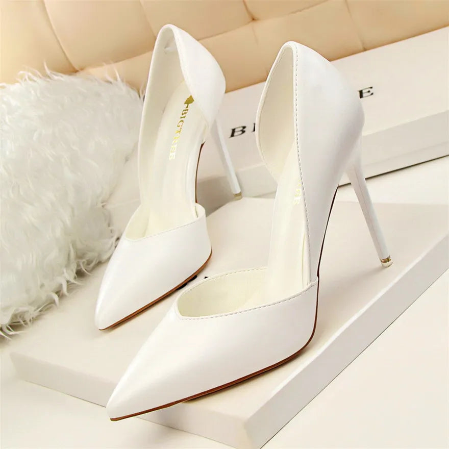 Soft PU Leather Show Thin Women Pumps Shallow Spring High Heels Pointed Toe Side Cut-Outs Ladies Party Shoes Office Fashion