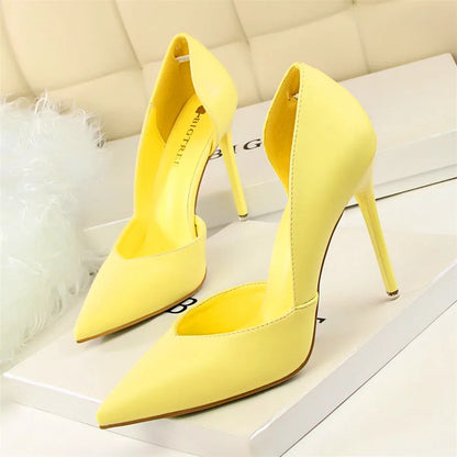 Soft PU Leather Show Thin Women Pumps Shallow Spring High Heels Pointed Toe Side Cut-Outs Ladies Party Shoes Office Fashion