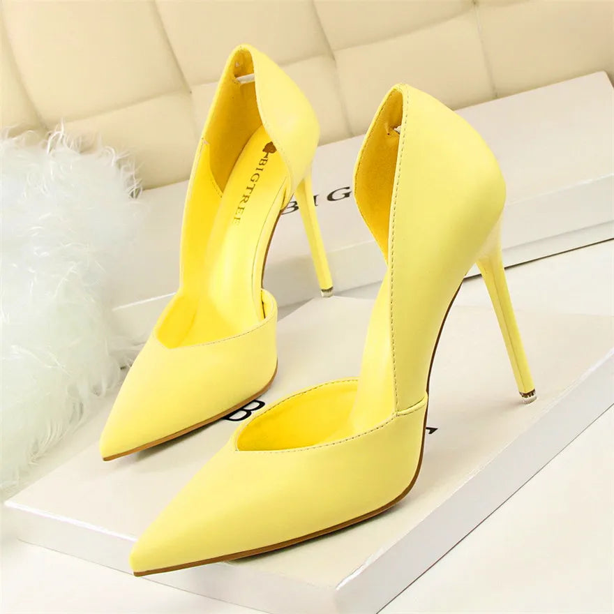 Soft PU Leather Show Thin Women Pumps Shallow Spring High Heels Pointed Toe Side Cut-Outs Ladies Party Shoes Office Fashion