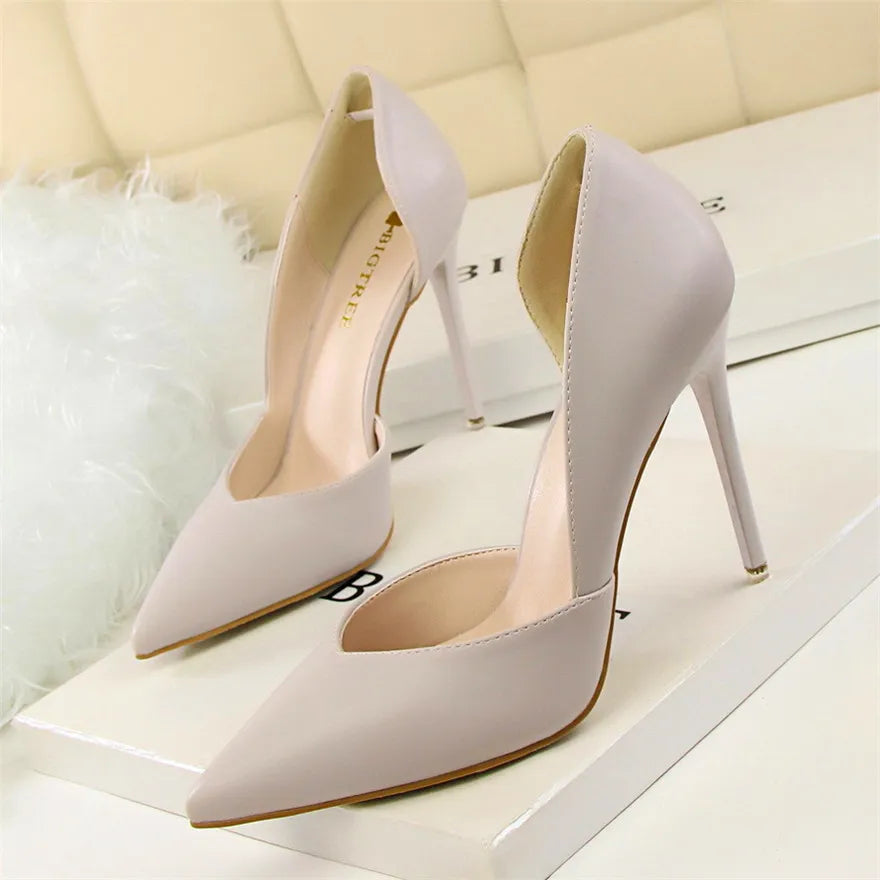Soft PU Leather Show Thin Women Pumps Shallow Spring High Heels Pointed Toe Side Cut-Outs Ladies Party Shoes Office Fashion