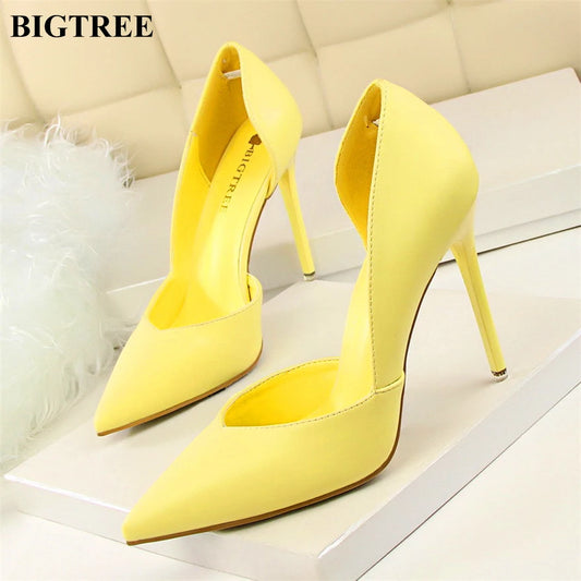 Soft PU Leather Show Thin Women Pumps Shallow Spring High Heels Pointed Toe Side Cut-Outs Ladies Party Shoes Office Fashion