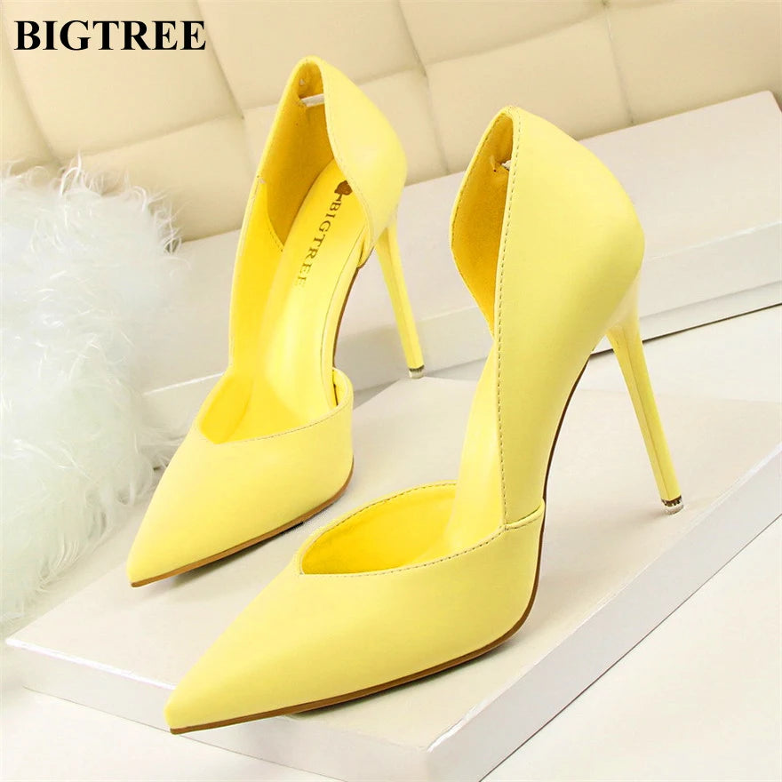 Soft PU Leather Show Thin Women Pumps Shallow Spring High Heels Pointed Toe Side Cut-Outs Ladies Party Shoes Office Fashion