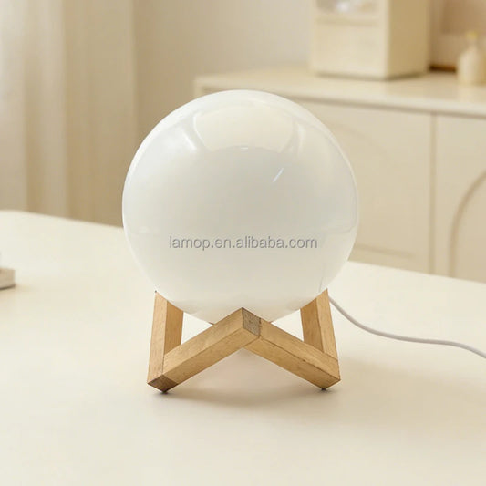 Modern Round Ball Soft Glow Wooden Stand Base Lamp Cute Kids Room Decor Light Cream Style Bedroom Desktop Ambient Lamp