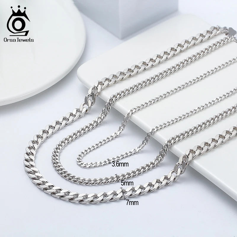 ORSA JEWELS 925 Sterling Silver Basic Punk Necklace for Men Women Curb Cuban Link Chain Chokers Vintage Punk Boy Male Gifts SC37