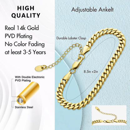 14K Gold Plated Flat Curb Link Ankle Bracelets Ladies Jewelry Gift Beach Summer Waterproof Chunky Cuban Chain Anklet for Women