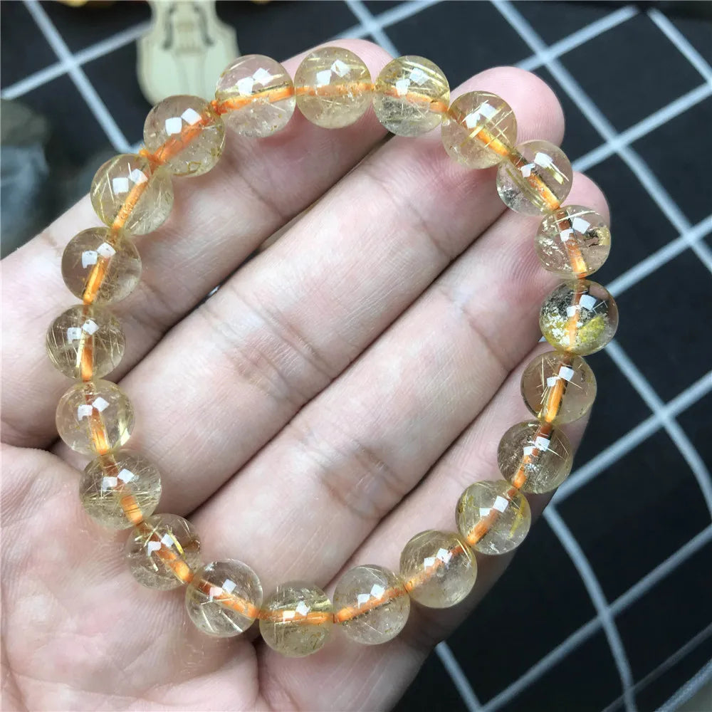 9mm Natural Gold Rutilated Bracelet Jewelry For Woman Lady Man Healing Wealth Gift Crystal Beads Quartz Gemstone Strands AAAAA