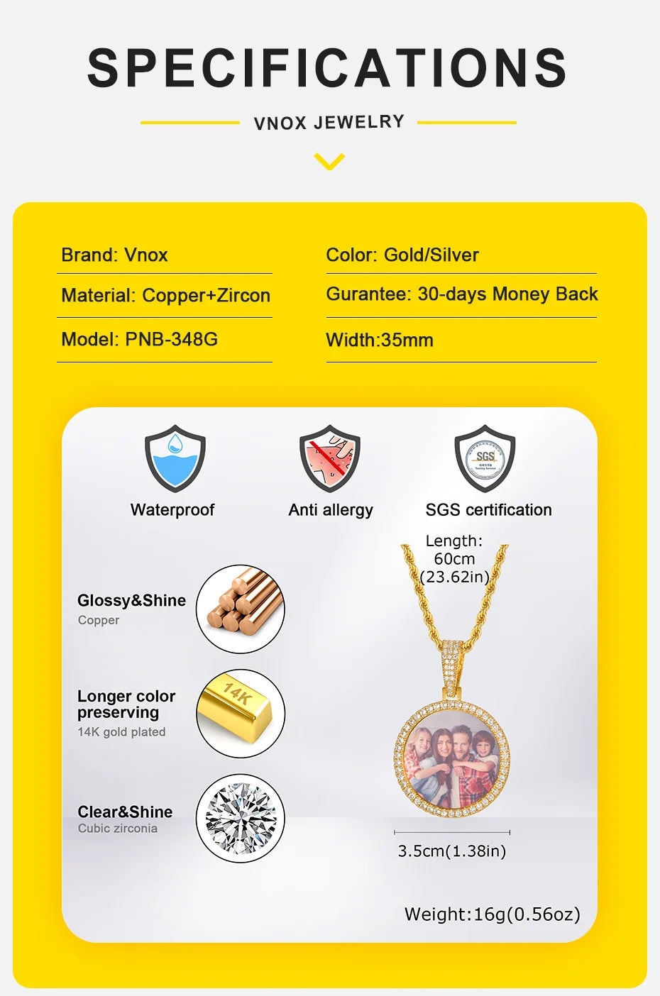 Vnox Free Custom Round Photo Frame Necklaces Gift for Women Men,Big Coin Pendant Zircon Stone Circle,Family Picture Gift to Dad