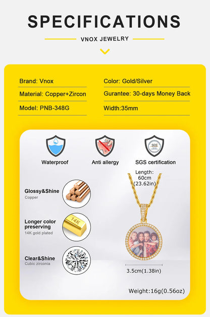 Vnox Free Custom Round Photo Frame Necklaces Gift for Women Men,Big Coin Pendant Zircon Stone Circle,Family Picture Gift to Dad