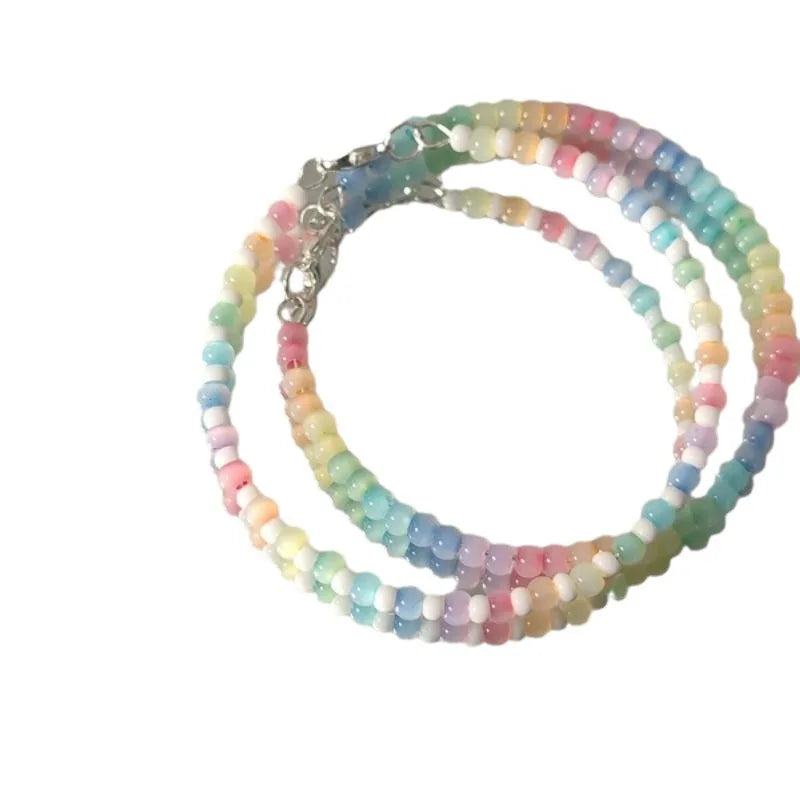 Fresh and Sweet Rainbow Colored Bead Bracelet with Cat's Eye and Rice Bead Design Niche and Versatile Bracelet Accessory Браслет