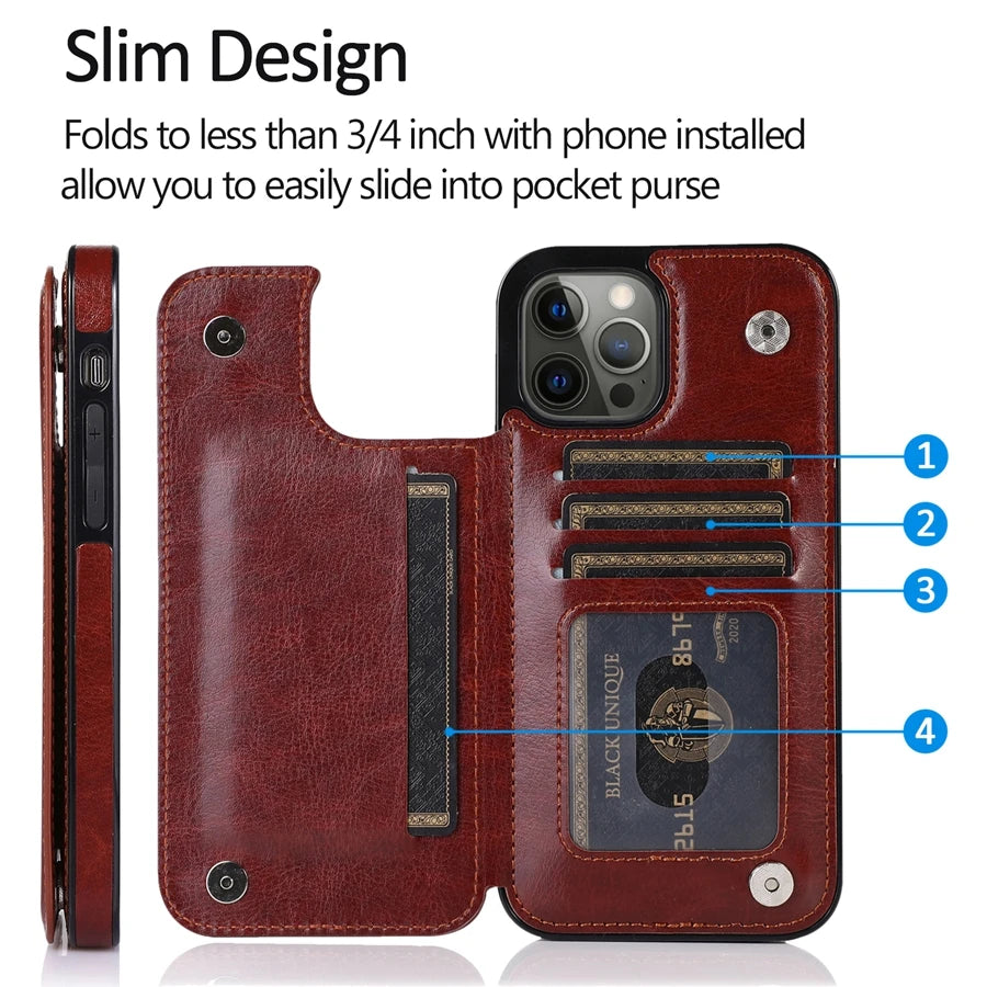 Wallet Double Button With Card Slot Stand Flip Leather Case For iPhone 16e 16 Pro Max 15 Plus 14 13 12 Mini 11 SE3 SE2 X XR 8 7