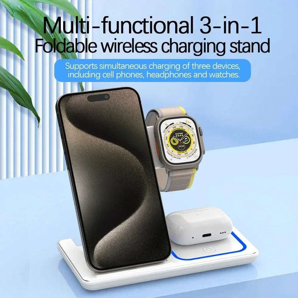 Dock Station Charge Foldable Wireless Charger Stand 3 in 1 LED Wireless Charger