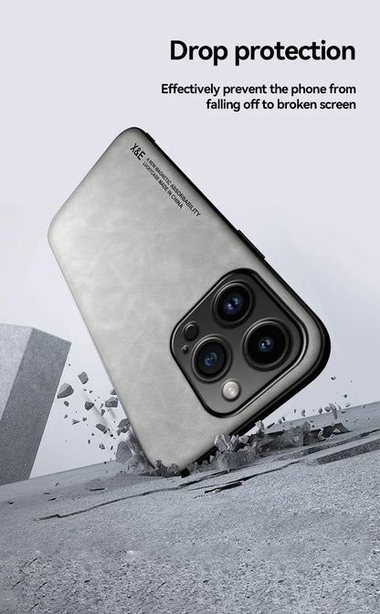 Luxury Leather Case For iPhone 17 16 16e 15 14 13 12 11 Pro Max Plus 12 13 Mini SE 8 7 Cover With Metal Plate Support Car Hold