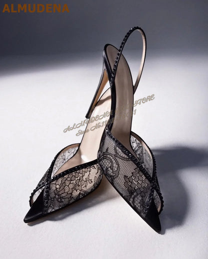ALMUDENA Lace Flowers Mesh Crystal Sandals Stiletto Heel Pointed Toe Bling Bling Rhinestone Slingback Wedding Shoes Floral Pumps