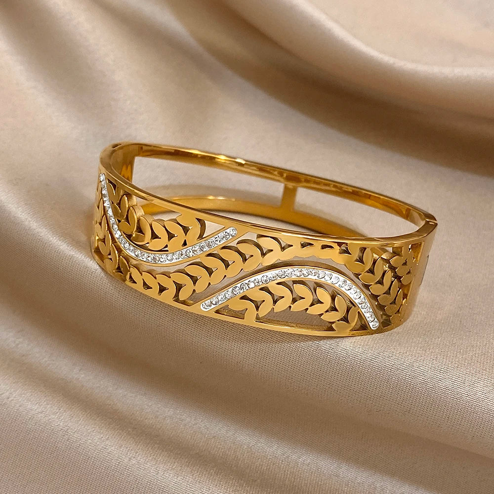 Greatera Wide Bracelet Half a Circle of Hollowed-out Entwined Branches White Rhinestone Chunky Stainless Steel Women's Bangles