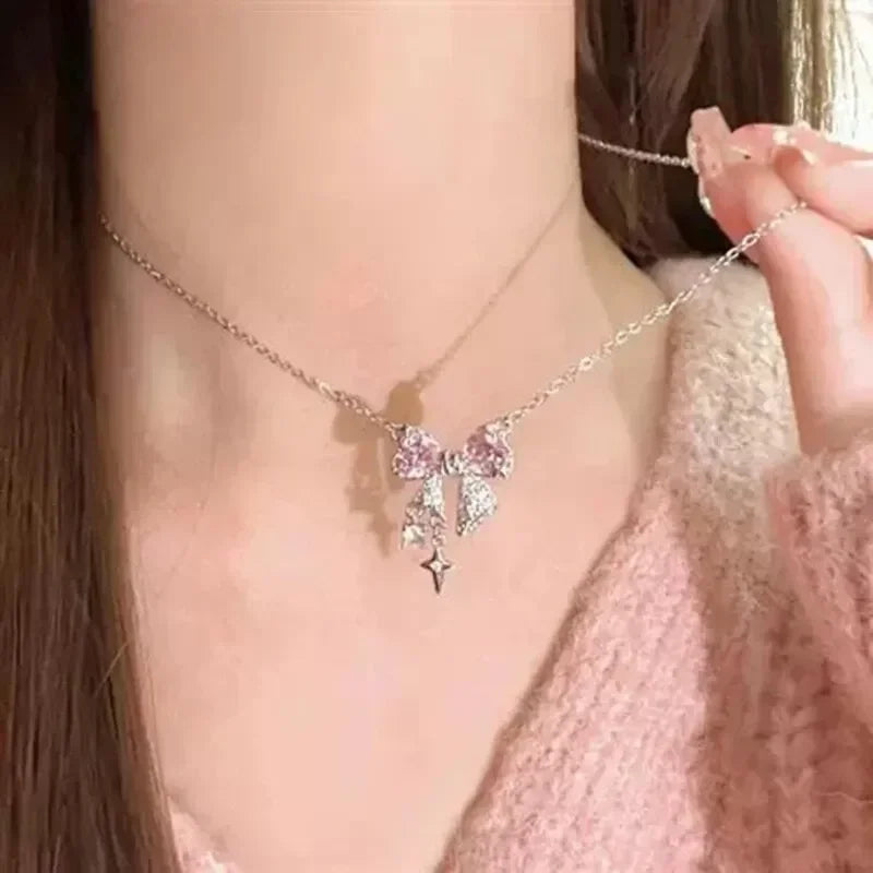 Fashion Fairy Pink Crystal Bow Knot Pendant Necklaces Y2K Girls Sweet Rhinestone Heart Clavicle Chain Women Jewelry Gifts
