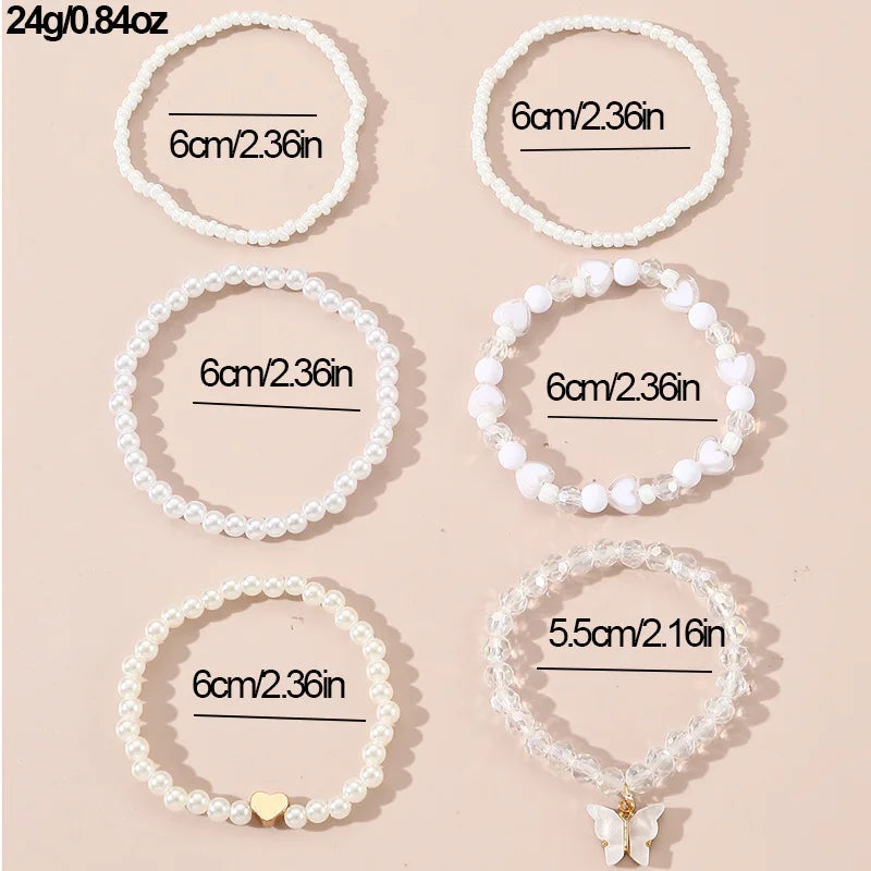 European and American Bracelet Simple Design Sweet Cute Pearl Love Beaded Butterfly Pendant Bracelet 6 Pieces suit