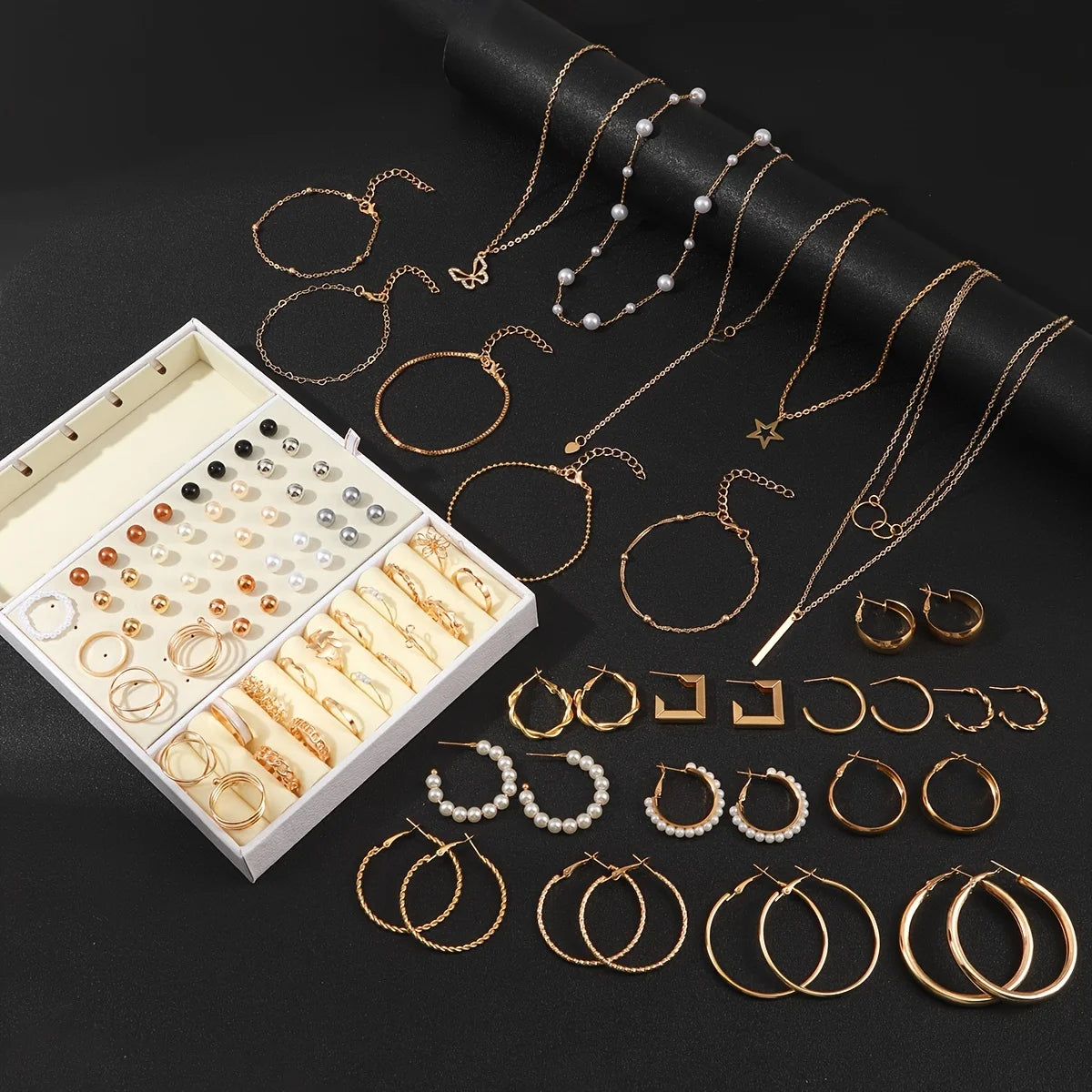 92Pcs Women's Fashion Jewelry Set Contain Hoop Earrings、Stud Earrings、Bracelet、Necklace and Ring，Versatile Daily Jewelry
