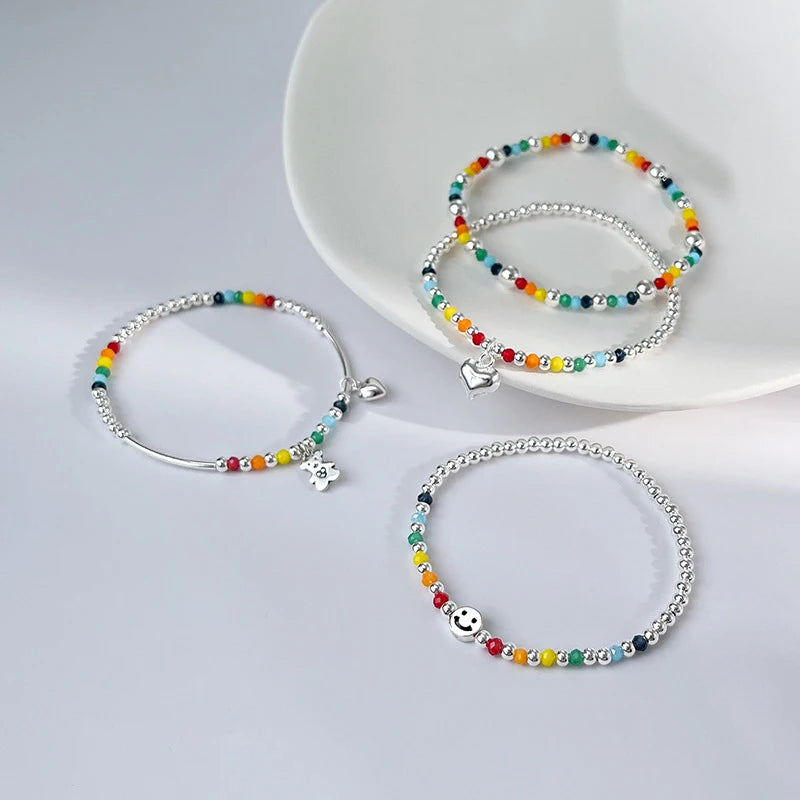 925 Sterling Silver Bracelet Wholesale Colored Hand Beads Smiling Face Rainbow Cloud Love Little Bear Beads Handicraft Gift