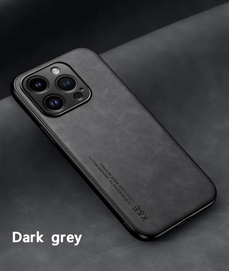 Luxury Leather Case For iPhone 17 16 16e 15 14 13 12 11 Pro Max Plus 12 13 Mini SE 8 7 Cover With Metal Plate Support Car Hold