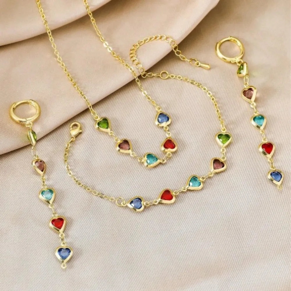 3Pcs Jewellery Set Elegant Colorful Crystal Heart Necklaces Bracelets Earrings for Women Party Wedding Girl Wrist Jewelry Gift
