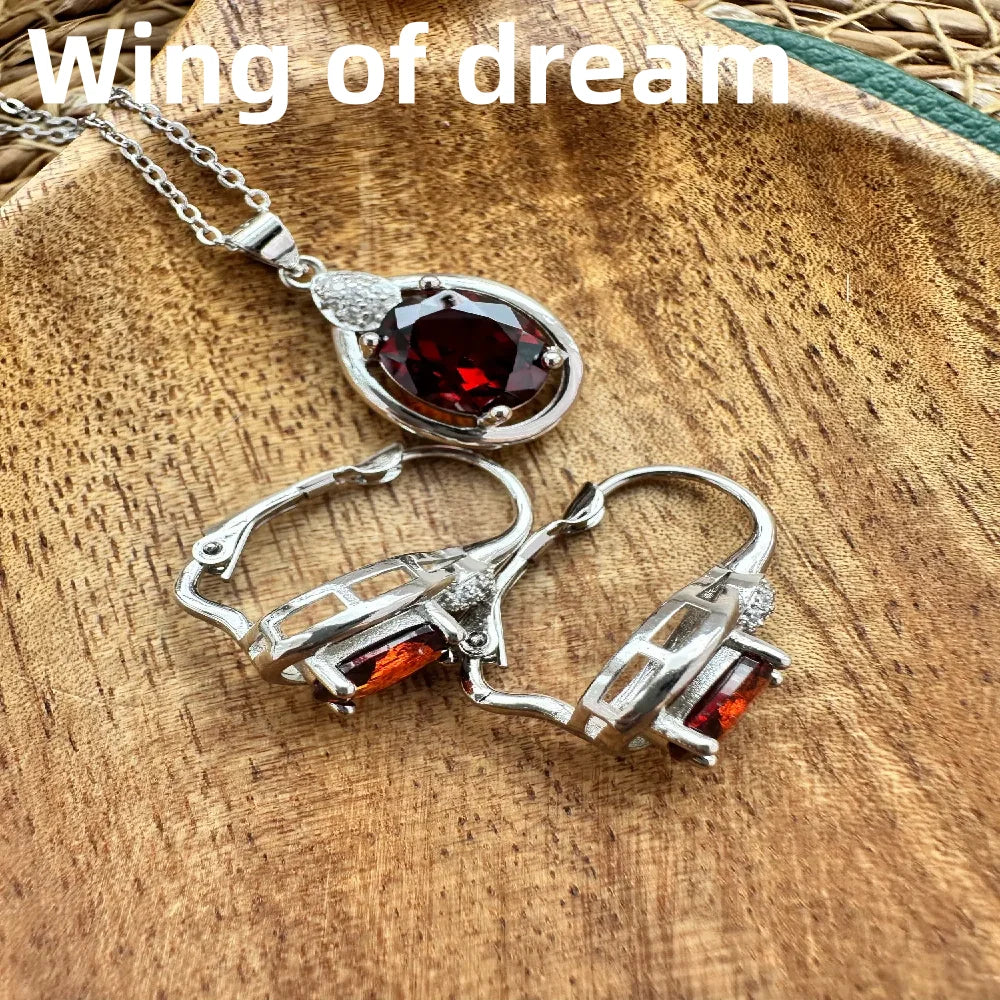 Luxury 925 Sterling Silver Jewelry Set, Inlaid With Red Crystal Zircon Necklace Earrings Ring Fashion Women's Couple Jewelry Set