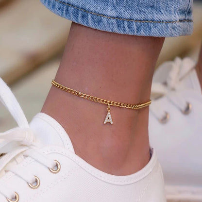 eManco Personalized DIY Accessories Stainless Steel Zirconia Alphabet Customized Women's Anklets Gold-plated Jewelry Wholesale