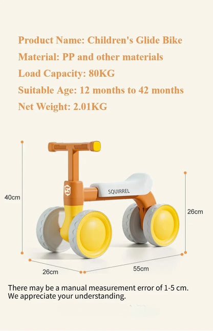 Baby Balance Bike 4-Wheel Walker with No Pedal First Toddler Outdoor Ride-On Toy Kids Birthday Gift for 1-3 Year Olds