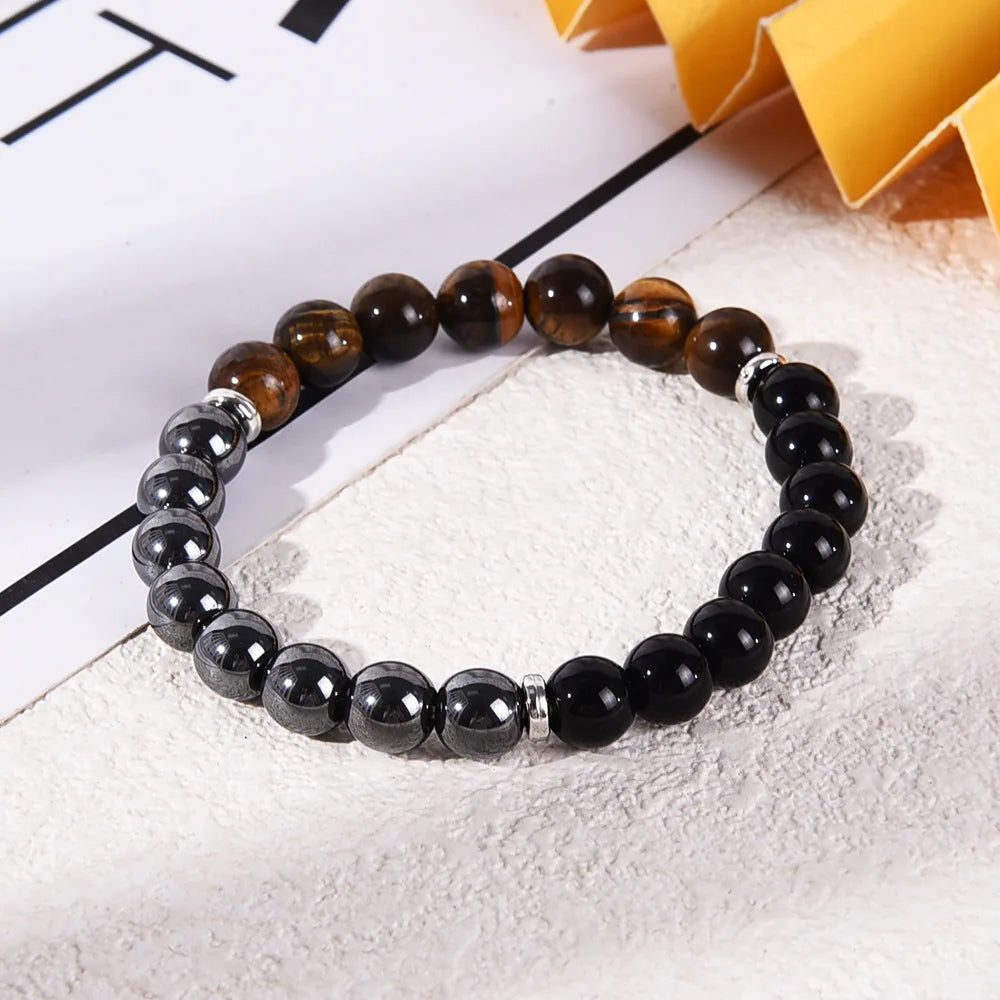 Triple Protection Bracelet:Tiger Eye, Black Obsidian, & Hematite 8mm Round Protection Crystals (Gemstone Stretch Bracelet)